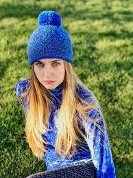 Blue Pompon Hat, Puff Ball Beanie, Hand Knitted Winter Hat, Hand Woven Blue Hat, Wool Knitted Hats, Christmas Gift for Her - Etsy