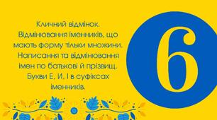 Тест для 6 класу "Кличний відмінок.  Відмінювання іменників, що мають форму тільки множини. Написання та відмінювання імен по батькові й прізвищ. Букви Е, И, І в суфіксах іменників"