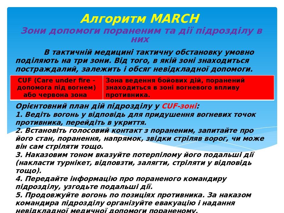 В тактичній медицині тактичну обстановку умовно поділяють на три зони. Від того, в якій зоні знаходиться постраждалий, залежить і обсяг невідкладно...