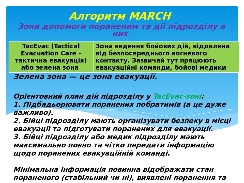 Зелена зона — це зона евакуації. Орієнтовний план дій підрозділу у TacEvac-зоні: 1. Підбадьорювати поранених побратимів (а це дуже важливо). 2. Бій...