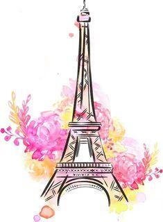Пін може містити: the eiffel tower is painted with watercolors and has pink flowers around it
