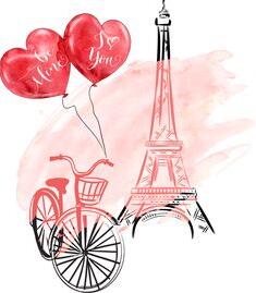 Пін може містити: the eiffel tower with two red balloons in front of it and a bicycle