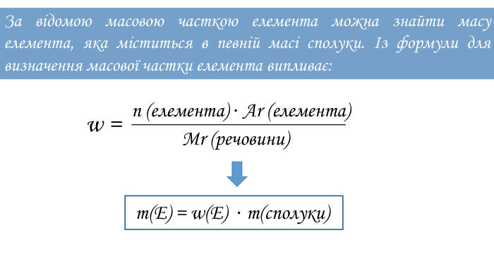 Розрахункові задачі 3. Обчислення маси елемента в складній речовині за його масовою часткою.