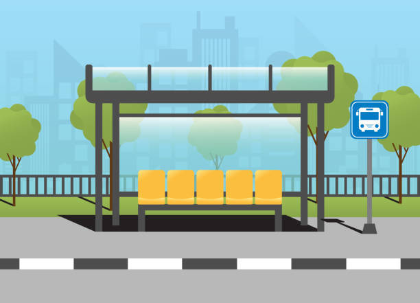 Bus Stop With Cityscape In Background With Sign Stock Illustration - Download Image Now - Bus Stop, Cartoon, Bus Station - iStock