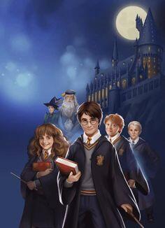 Пін може містити: harry potter and hermi friends in front of hogwart's castle at night