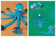 Пін може містити: an octopus made out of yarn with scissors and knitting needles in the background, next to a photo of squid's legs