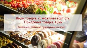 Конспект заняття "Види товарів, їх можлива вартість. Придбання товарів. Ціни" СПО 6 клас