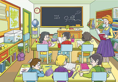 An Illustration Of A Cartoon Class Room With Six Pupils Stock Illustration - Download Image Now - iStock