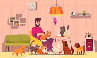 Free Vector | Cats and dogs male owner with his pets at home cartoon vector illustration