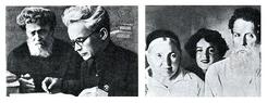 Довженко з батьком (ліворуч). Мати, сестра та батько Довженка (праворуч).