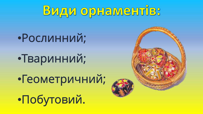 Види орнаментів: Рослинний;Тваринний;Геометричний;Побутовий.