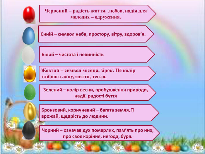 Червоний – радість життя, любов, надія для молодих – одруження. Чорний – означав дух померлих, пам’ять про них, про своє коріння, негода, буря. Синій – символ неба, простору, вітру, здоров’я. Білий – чистота і невинність. Жовтий – символ місяця, зірок. Це колір хлібного лану, життя, тепла. Зелений – колір весни, пробудження природи, надії, радості буття. Бронзовий, коричневий – багата земля, її врожай, щедрість до людини.