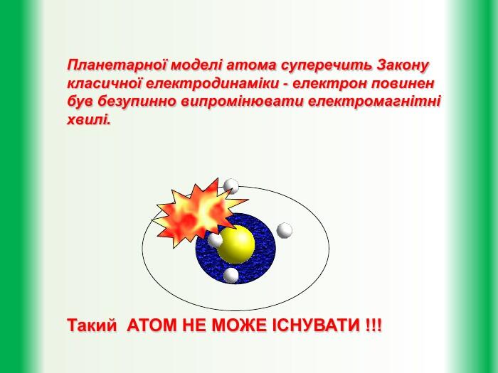 Планетарної моделі атома суперечить Закону класичної електродинаміки - електрон повинен був безупинно випромінювати електромагнітні хвилі. Такий АТОМ НЕ МОЖЕ ІСНУВАТИ !!!