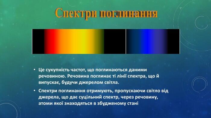 Це сукупність частот, що поглинаються даними речовиною. Речовина поглинає ті лінії спектра, що й випускає, будучи джерелом світла. Спектри поглинання отримують, пропускаючи світло від джерела, що дає суцільний спектр, через речовину, атоми якої знаходяться в збудженому стані Спектри поглинання