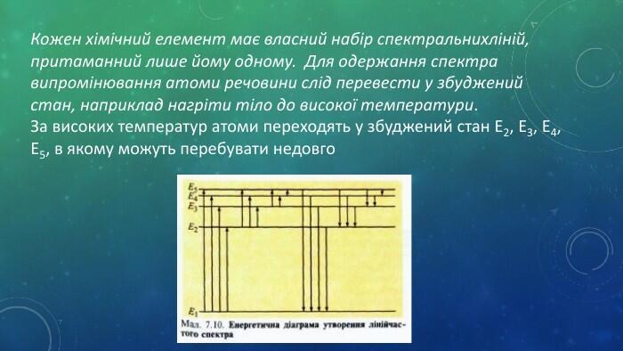 Кожен хімічний елемент має власний набір спектральнихліній, притаманний лише йому одному. Для одержання спектра випромінювання атоми речовини слід перевести у збуджений стан, наприклад нагріти тіло до високої температури. За високих температур атоми переходять у збуджений стан Е2, E3, Е4, Е5, в якому можуть перебувати недовго 