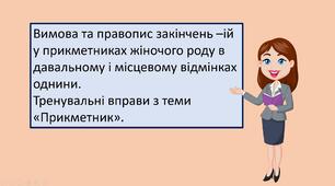 Презентація "Вимова та правопис закінчень –ій у прикметниках жіночого роду в давальному і місцевому відмінках однини.  Тренувальні вправи з теми «Прикметник»."