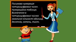 Презентація "Письмова нумерація чотирицифрових чисел. Нумераційна таблиця. Визначення в чотирицифрових числах загальної кількості одиниць, десятків, сотень, тисяч"