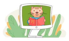 Мультяшный кот с книжными подставками на экране монитора и чтением концепции онлайн-урока для детей видеоконференции и онлайн-встречи видеоконференция в чате иллюстрация | Премиум векторы