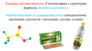 Презентація для учнів 9 класу на тему: «Етанова (оцтова) кислота, її молекулярна і структурна формули, фізичні властивості. Хімічні властивості етанової кислоти: електролітична дисоціація, взаємодія з металами, лугами, солями».