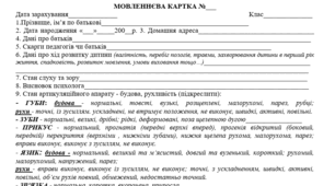Мовленнєва картка обстеження дитини з порушенням писемного мовлення (пуста)
