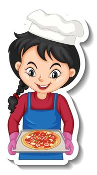 Free Vector | Cartoon character sticker with chef girl holding pizza tray