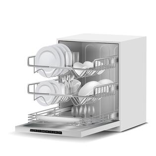 3d realistic white dishwasher machine with three metal racks, filled with clean plates, glass