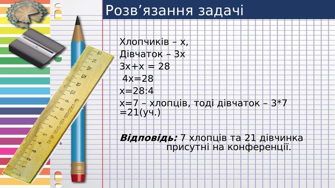 Розв’язання задачі Хлопчиків – х, Дівчаток – 3х 3х+х = 28 4х=28 х=28:4 х=7 – хлопців, тоді дівчаток – 3*7 =21(уч.) Відповідь: 7 хлопців та 21 дівчи...