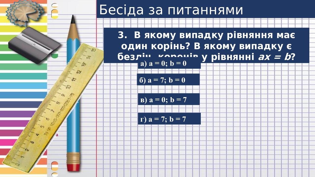 Бесіда за питаннями 3.  В якому випадку рівняння має один корінь? В якому випадку є безліч коренів у рівнянні ах = b? а) а = 0; b = 0 б) а = 7; b =...