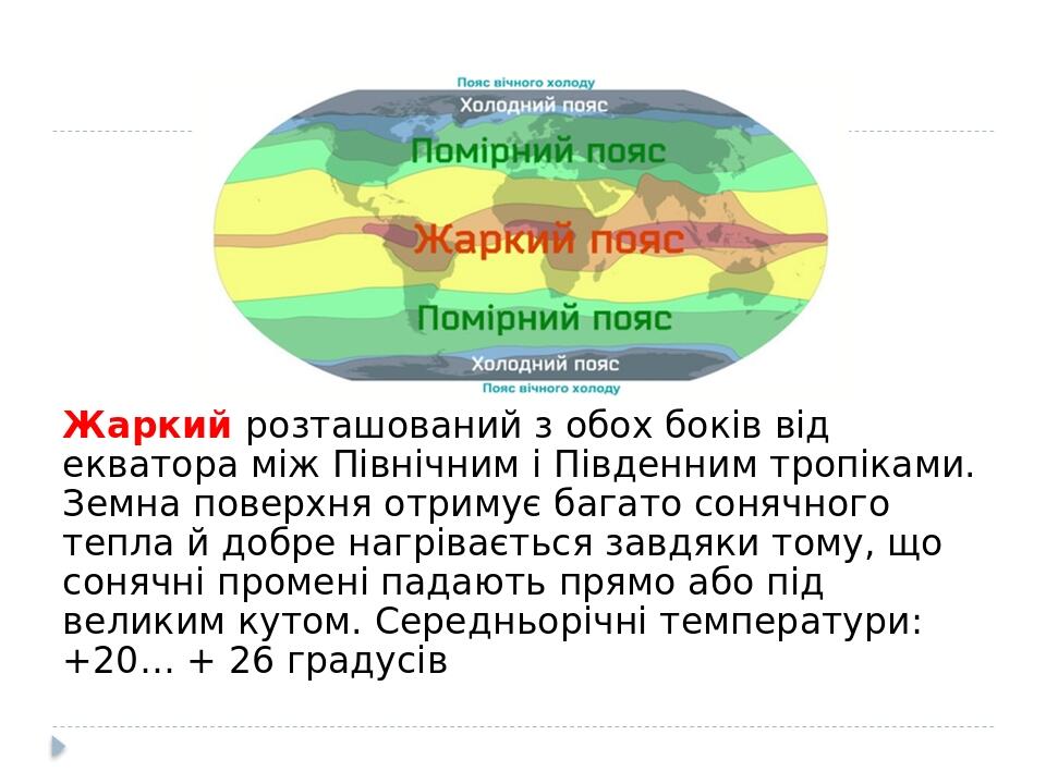 Жаркий розташований з обох боків від екватора між Північним і Південним тропіками. Земна поверхня отримує багато сонячного тепла й добре нагріваєть...