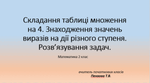 Складання таблиці множення на 4. Знаходження значень виразів на дії різного ступеня. Розв’язування задач.