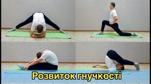 Вправи для розвитку гнучкості пружинні нахили у положенні сидячи, викрути рук із гімнастичною палицею, пружинні рухи у широкій стійці, прогинання та вигинання тулуба у положенні упору стоячи на колінах