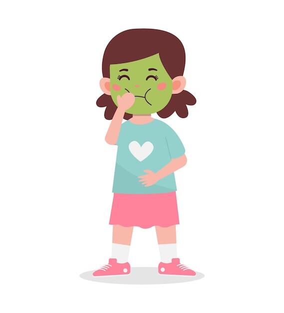 Premium Vector | Little kid girl feel sick and vomit cartoon illustration
