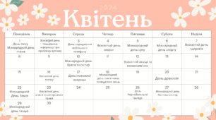 Календар святкових та пам'ятних дат на на Квітень 2024