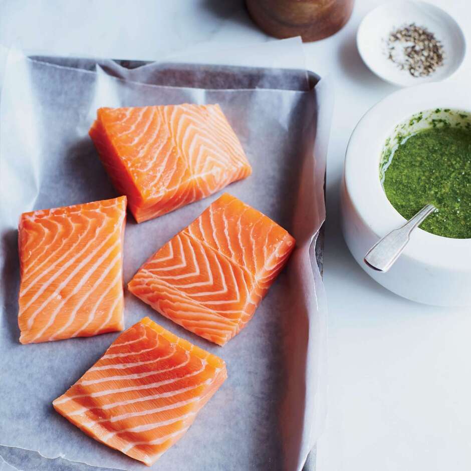 Roast Salmon with Lemony Basil Sauce Recipe - Renee Erickson