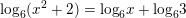 \small {{\log }_{6}}({{x}^{2}}+2)={{\log }_{6}}x+{{\log }_{6}}3