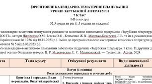 Орієнтовне КТП із зарубіжної літератури 7 клас НУШ (52,5 год./1,5 год на тиждень) до підручника Міляновської Н.