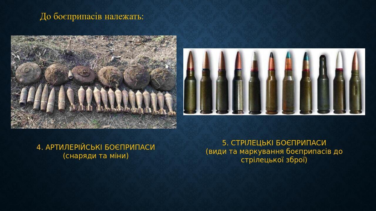 До боєприпасів належать: 4. АРТИЛЕРІЙСЬКІ БОЄПРИПАСИ (снаряди та міни) 5. СТРІЛЕЦЬКІ БОЄПРИПАСИ (види та маркування боєприпасів до стрілецької зброї)