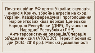 Початок війни РФ проти України: окупація, анексія Криму, збройна агресія на сході України. Квазіреферендуми і проголошення маріонеткових квазідержав ДНР та ЛНР. АТО/ООС. Перебіг бойових дій (2014-2018 рр.). Мінські домовленості