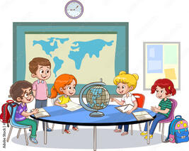 Group of kids sitting at desk and studying geography lesson together.Cartoon vector illustration. Векторный объект Stock | Adobe Stock
