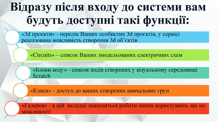 Відразу після входу до системи вам будуть доступні такі функції: