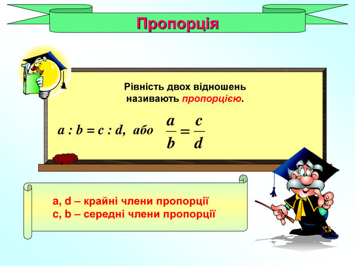 Пропорція Рівність двох відношень називають пропорцією. a, d – крайні члени пропорції c, b – середні члени пропорції a : b = c : d, або