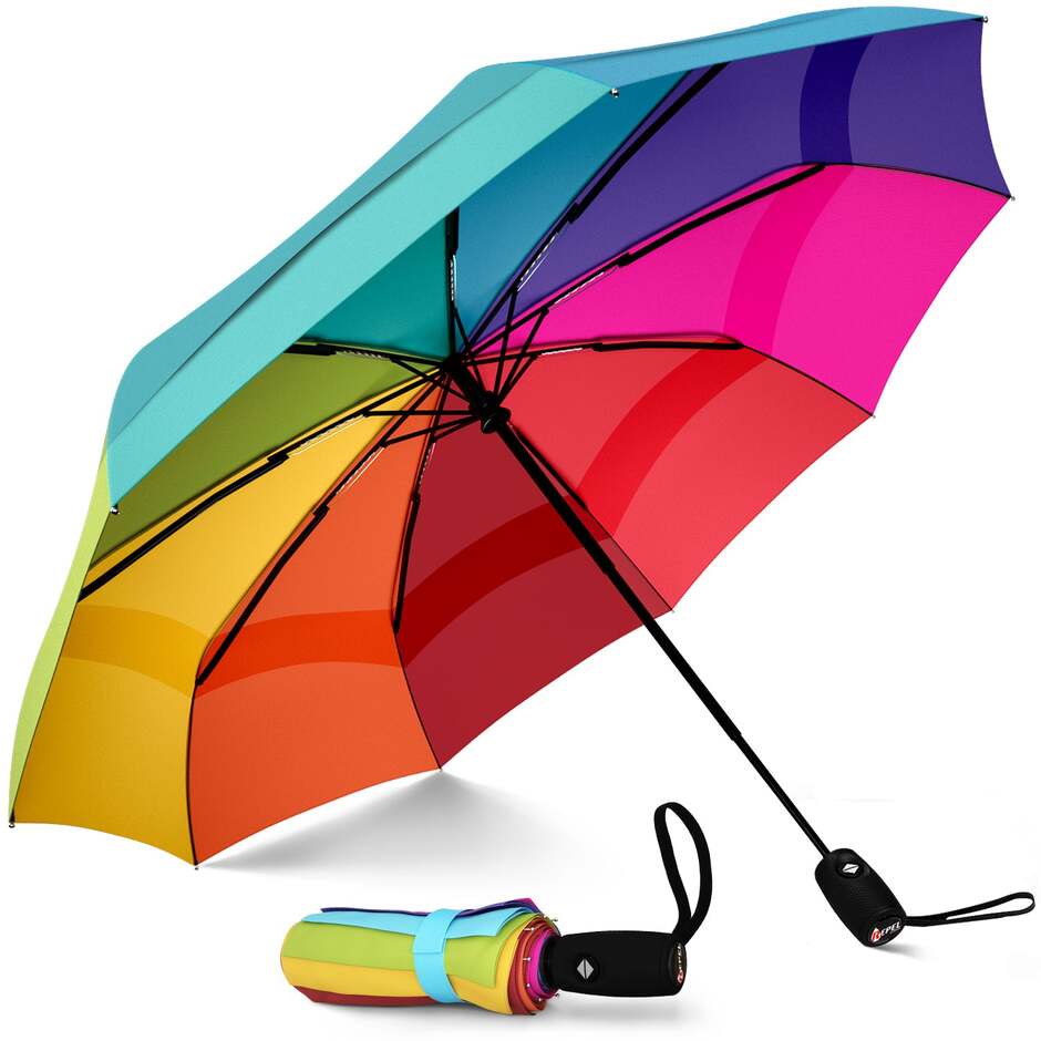 Windproof Travel Umbrella - Compact, Automatic, Rainbow