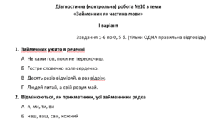 Діагностична (контрольна) робота №10 з теми «Займенник як частина мови»