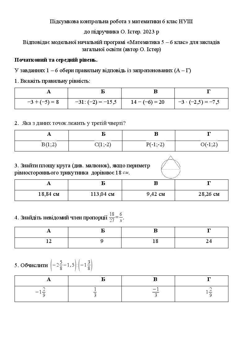 Підсумкова контрольна робота з математики 6 клас НУШ | Інші методичні ...