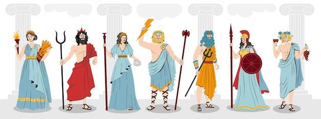 Olympus gods flat color composition with greece mythology characters at background of ancient columns vector illustration