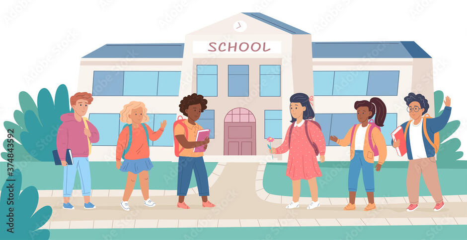 Happy children go to school cartoon vector illustration Векторный объект Stock | Adobe Stock