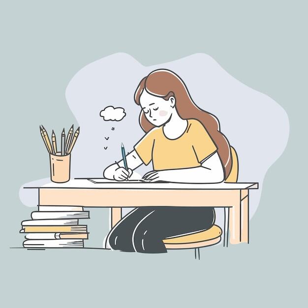 Premium Vector | Woman writing on paper in the desk cartoon illustration