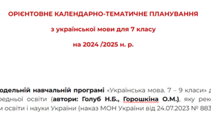 Календарно-тематичне планування з української мови для 7 класу  на 2024 /2025 н. р.  НУШ автори: Голуб Н.Б., Горошкіна О.М.