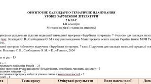 Навч.прогр.+календарне планування із зарубіжної літ. 7 кл.НУШ до підручника Волощук Є. 35 год на рік