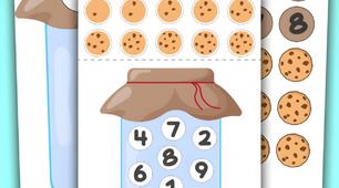 Математична гра для друку Cookie Jar призначена для тренування рахунку до 10 і розвитку дрібної моторики за допомогою роботи з маленькими шматочками. Роздрукуйте аркуші та виріжте об’єкти: печиво та цифри.